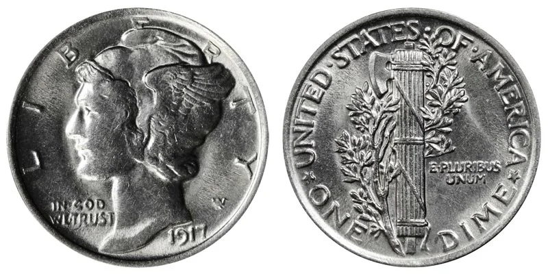 1917 Mercury dime obverse and reverse showing Winged Liberty Head and fasces design