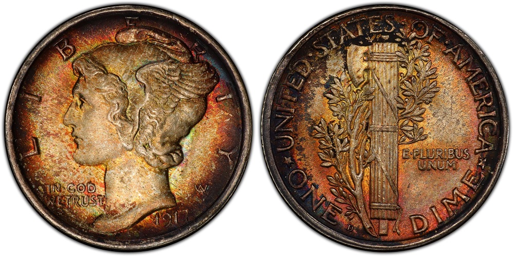 Side-by-side comparison of 1917-D Mercury dime without Full Bands vs with Full Bands, showing the central band separation on the fasces reverse