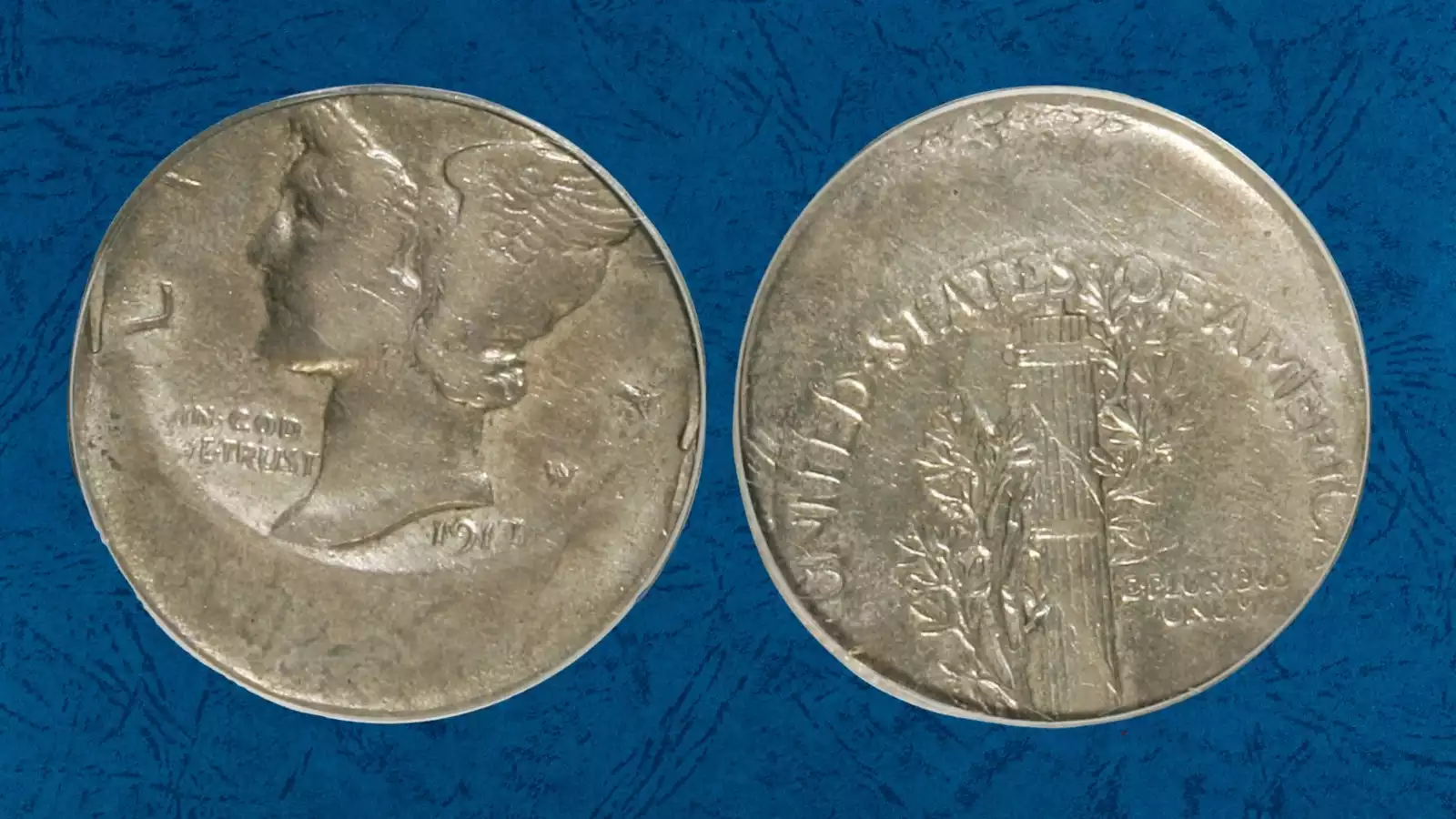 1917 Mercury dime off-center strike error with design shifted and blank planchet crescent visible with date readable