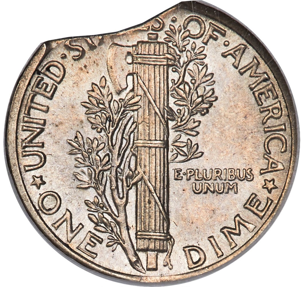 1917 Mercury dime clipped planchet error showing curved missing section at the coin edge with date and mint mark visible