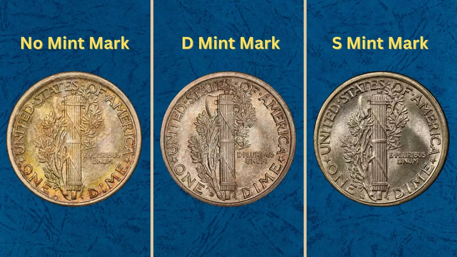 Group of three 1917 Mercury dimes side by side showing Philadelphia, Denver, and San Francisco mint examples