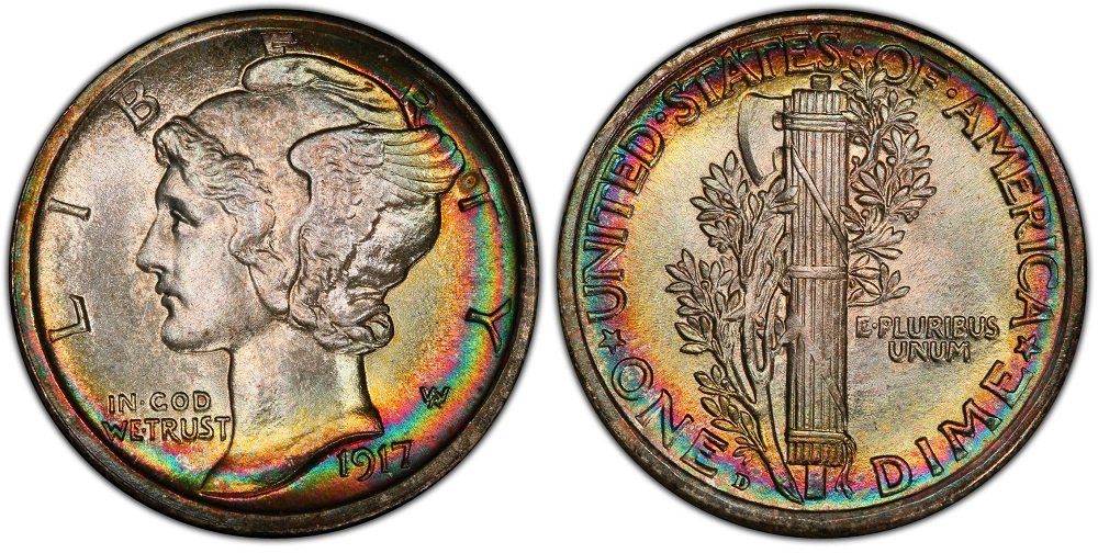 1917 Mercury dime grading strip showing four condition tiers from worn Good through Gem Mint State for visual comparison